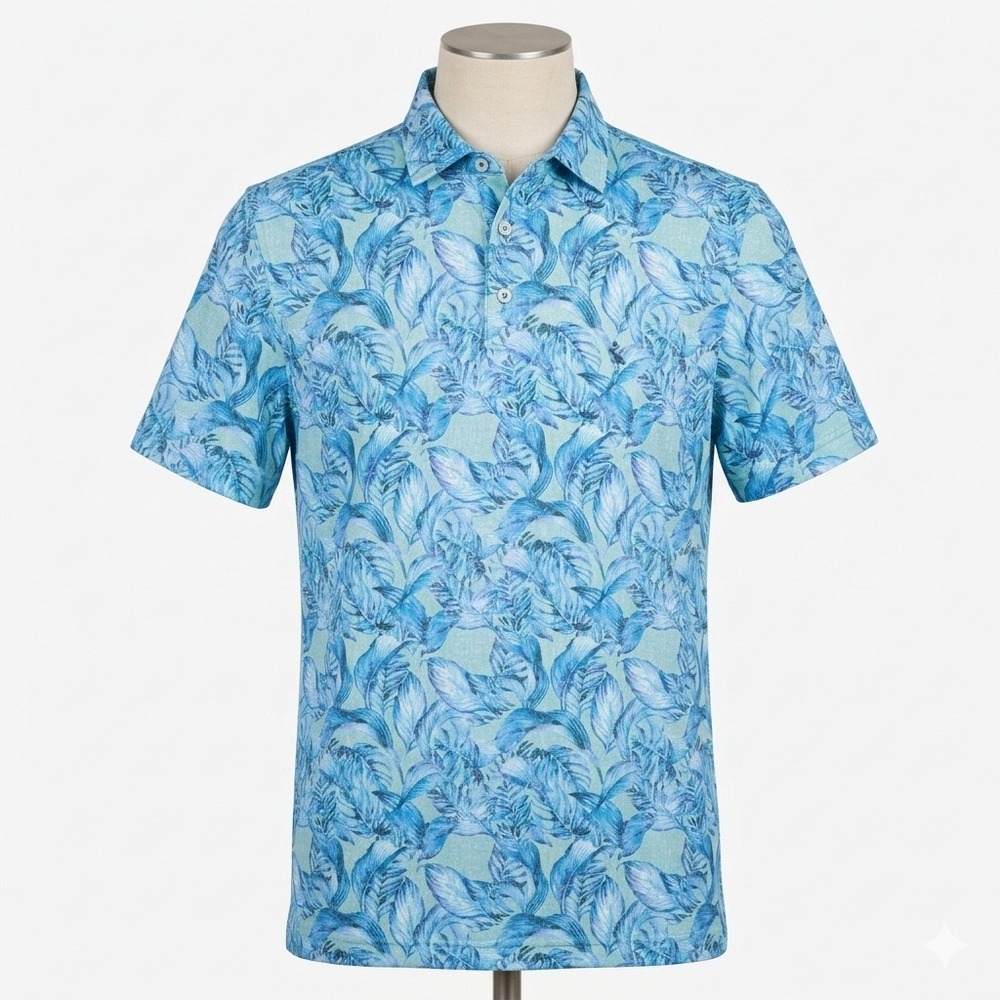 TailorByrd Polo Shirt Mens Large Blue Tropical Leaf Performance Moisture Wicking